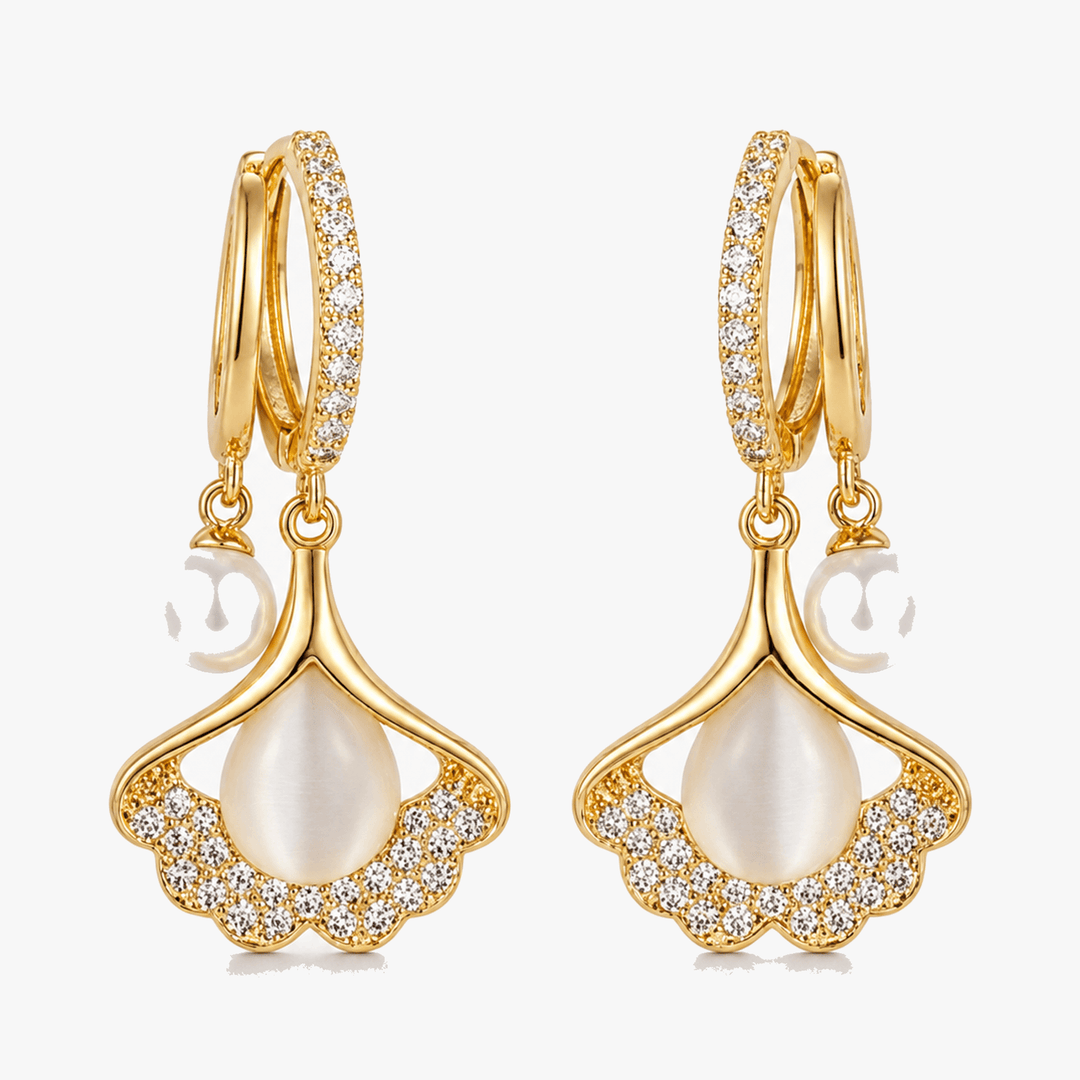 Ginara – Crystal Ginkgo Leaf Drop Earrings with Pearl
