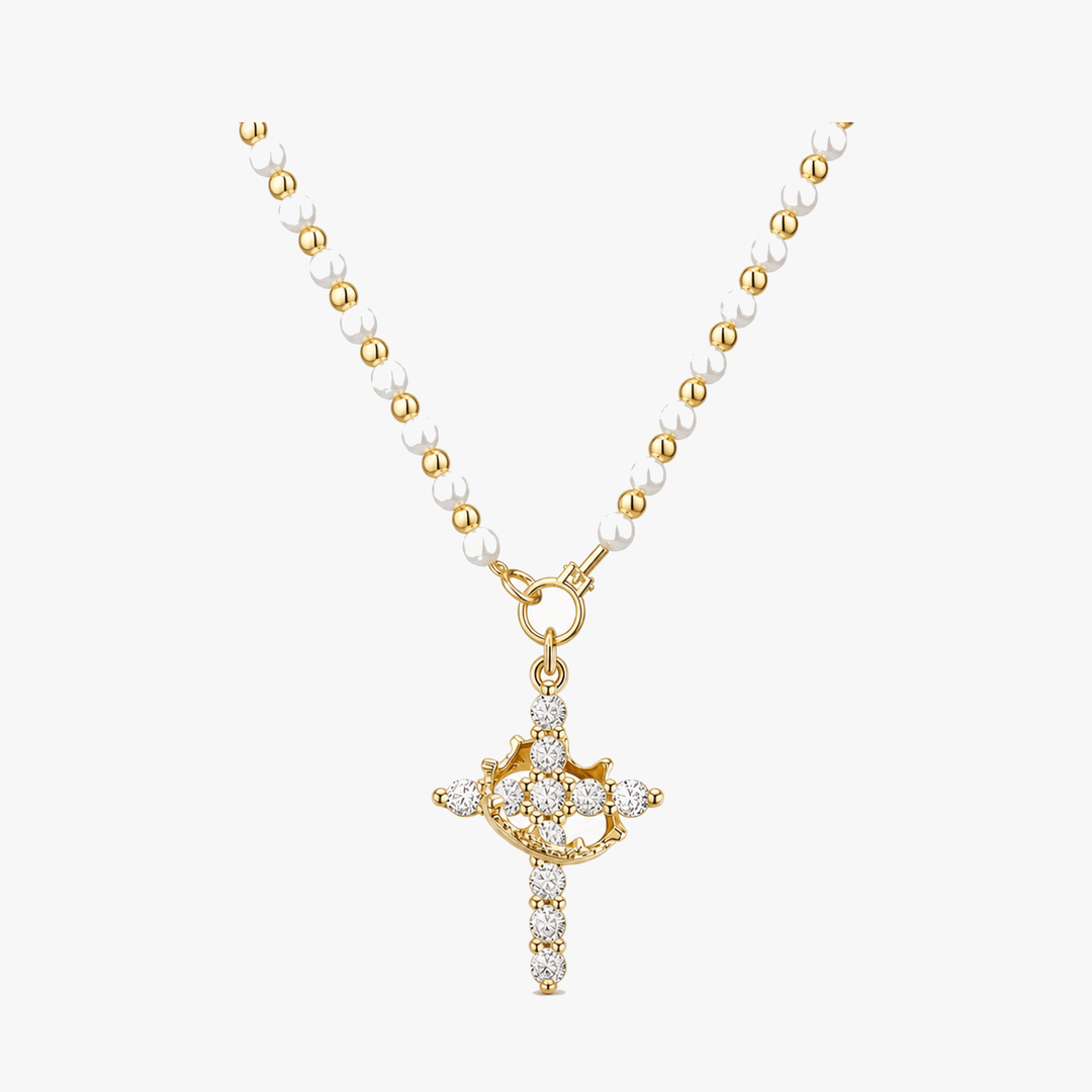 Crownara – Crown Cross Pearl Bead Necklace