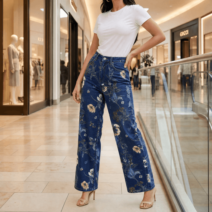 Blomara – Women's Floral Print Wide-Leg Jeans Dark Blue