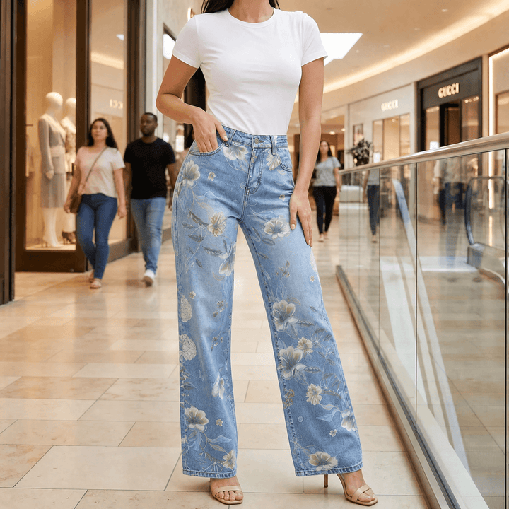 Blomara – Women's Floral Print Wide-Leg Jeans Light Blue