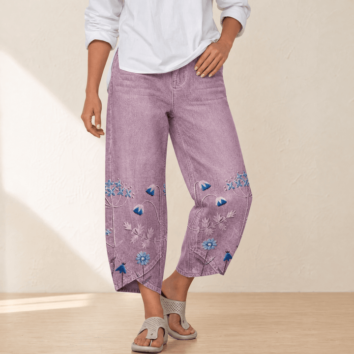 Bloomara – Women's Embroidered Wide-Leg Jeans with Tulip Hem Lavender