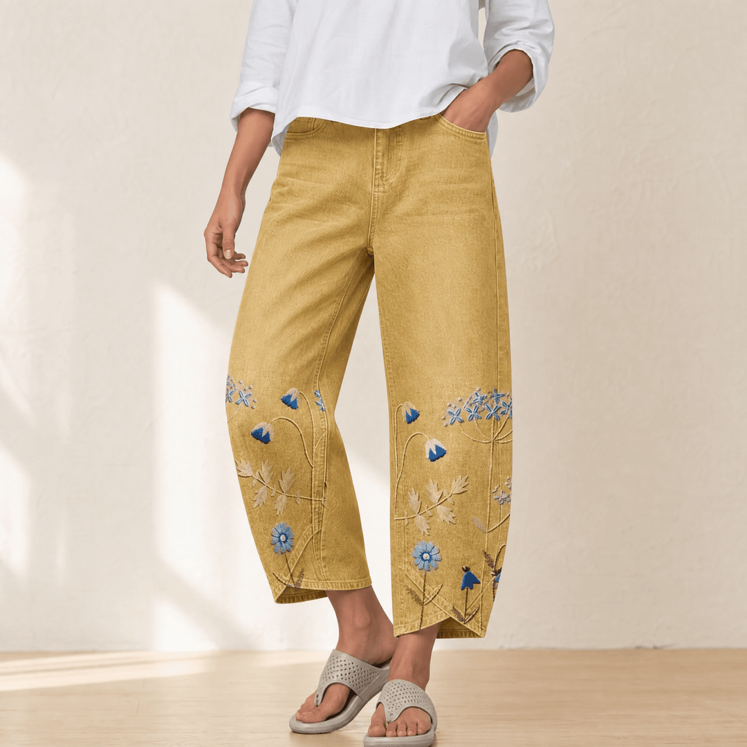 Bloomara – Women's Embroidered Wide-Leg Jeans with Tulip Hem Mustard Yellow