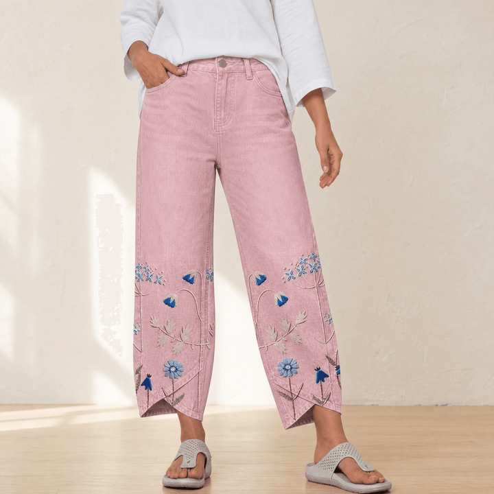 Bloomara – Women's Embroidered Wide-Leg Jeans with Tulip Hem Pink