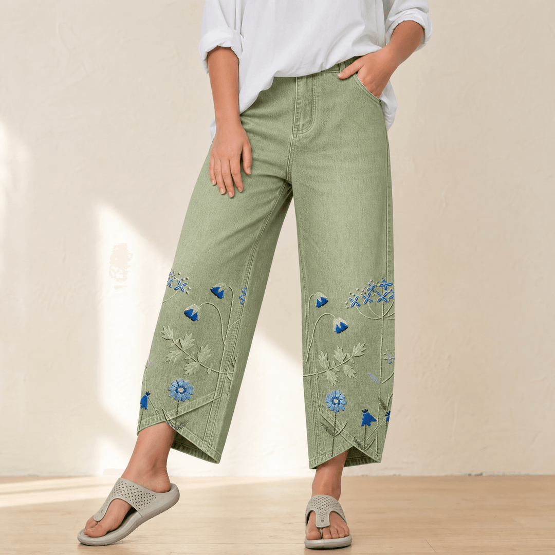 Bloomara – Women's Embroidered Wide-Leg Jeans with Tulip Hem Sage Green