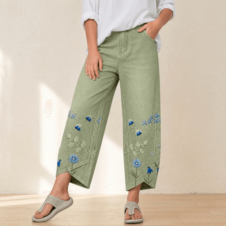 Bloomara – Women's Embroidered Wide-Leg Jeans with Tulip Hem Sage Green