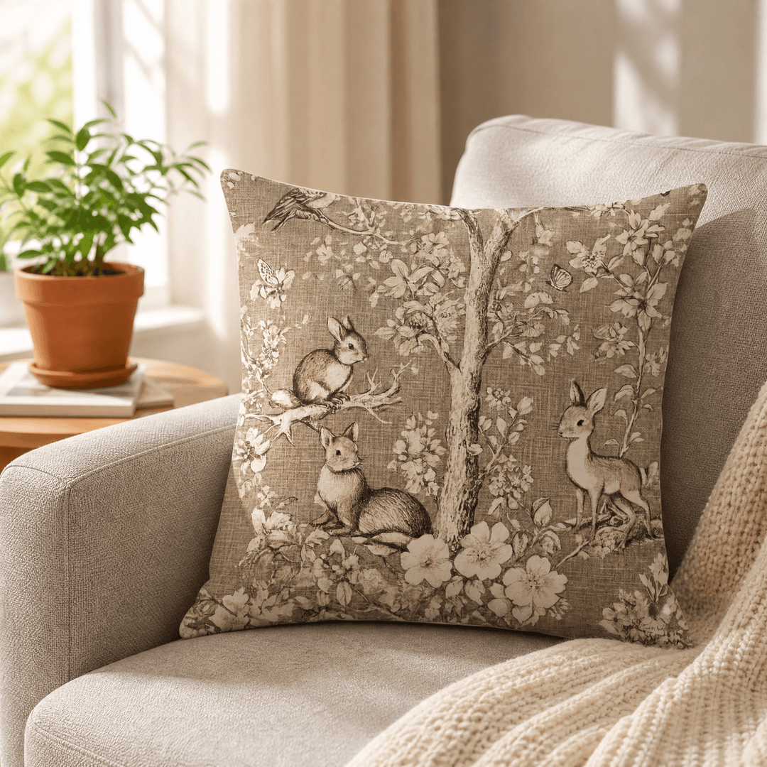 Bloomshire – Vintage Botanical Pillow Covers Tree with rabbits / 45 x 45 cm (17.7 x 17.7 in) / 1 set (2 pillow covers)