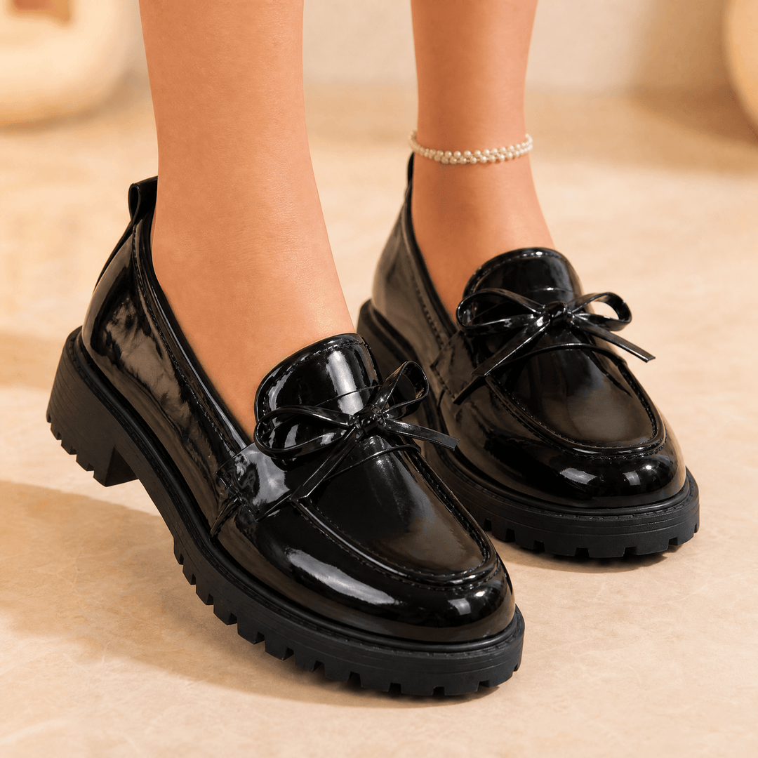 Bowella – Glossy Bow Loafers with Cushioned Platform Black / 3.5
