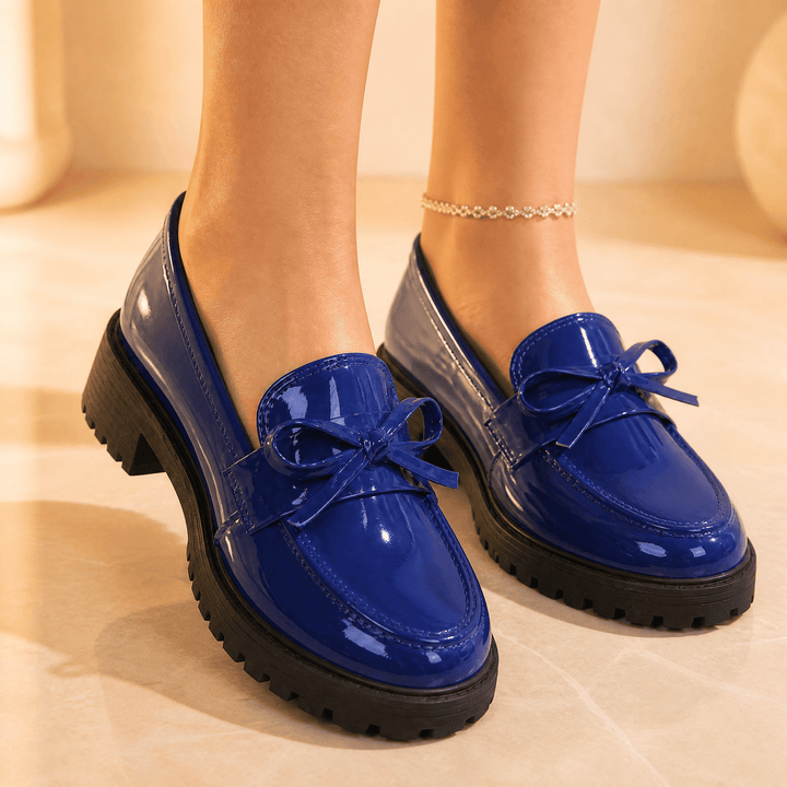 Bowella – Glossy Bow Loafers with Cushioned Platform Blue / 3.5