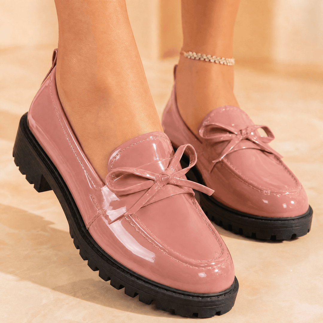 Bowella – Glossy Bow Loafers with Cushioned Platform Pink / 3.5