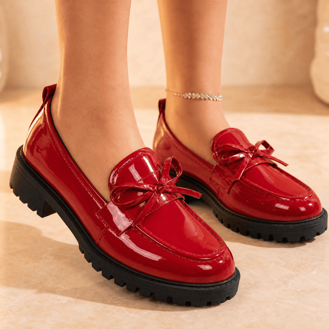 Bowella – Glossy Bow Loafers with Cushioned Platform Red / 3.5