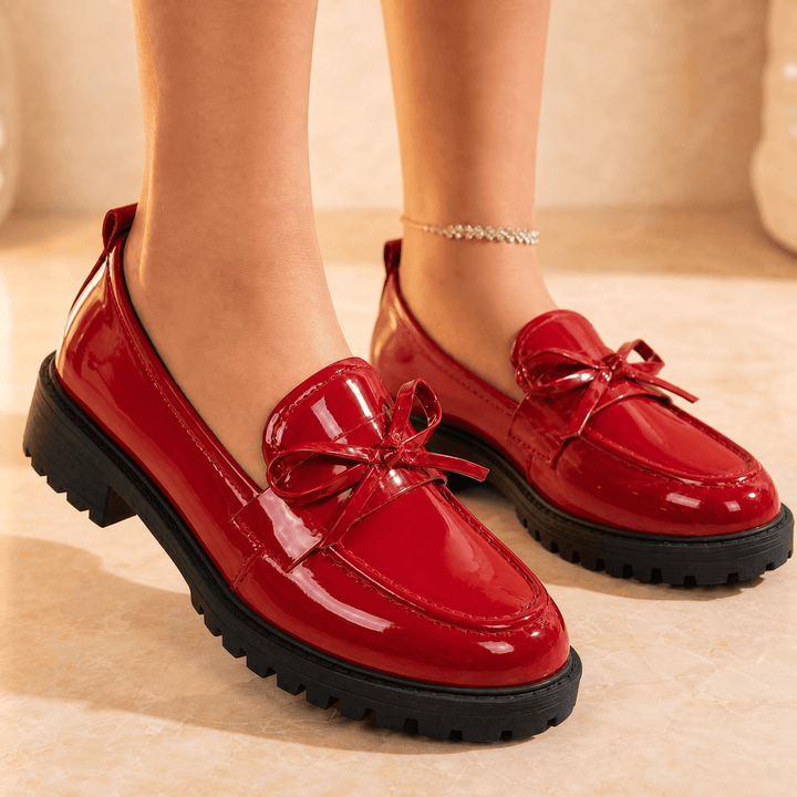 Bowella – Glossy Bow Loafers with Cushioned Platform Red / 3.5