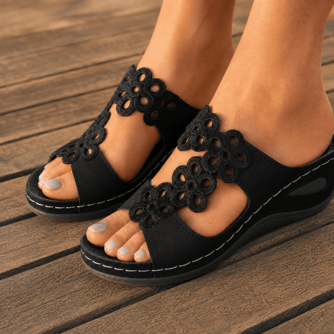 BreezeWalk – Cushioned Floral Wedge Sandals Black / 5