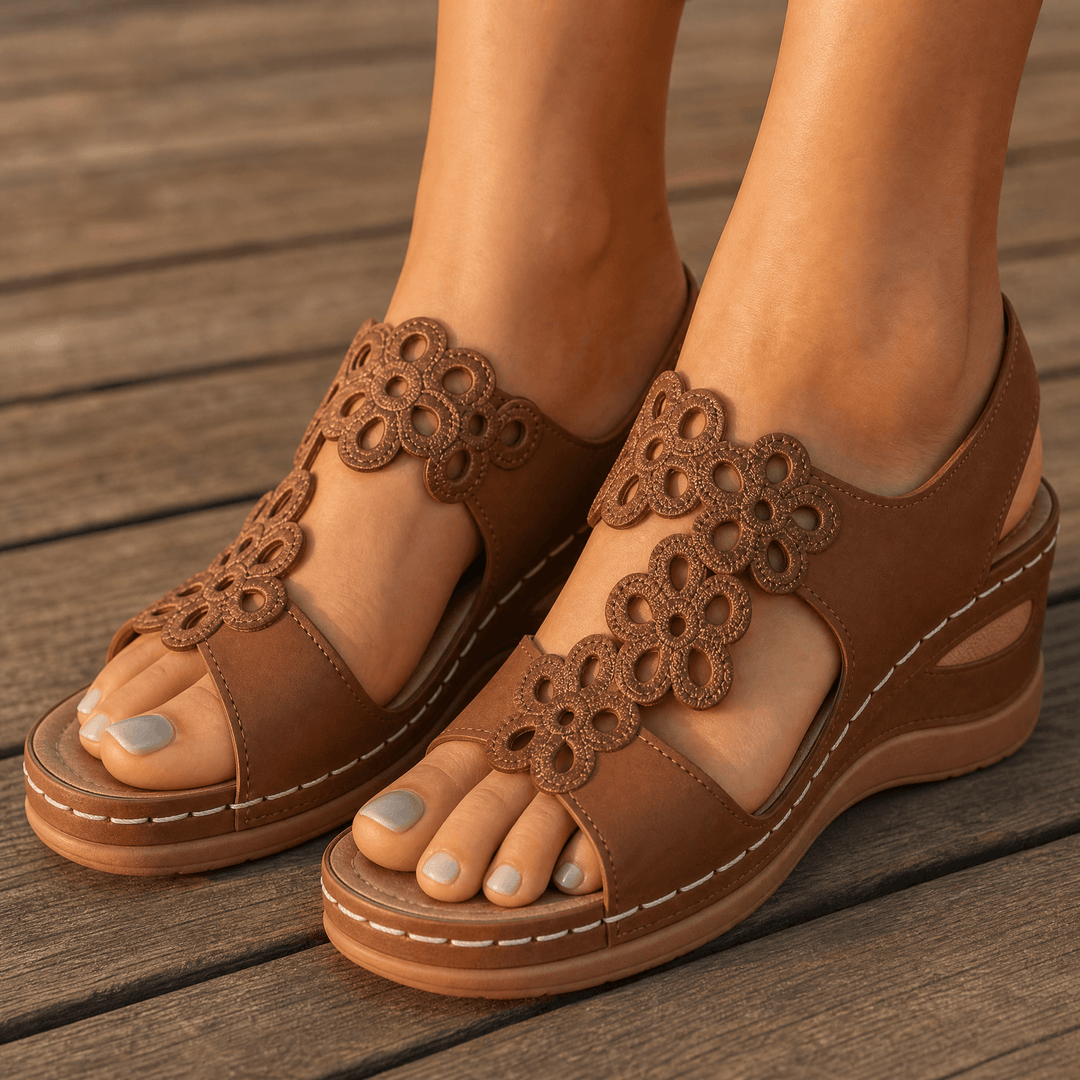 BreezeWalk – Cushioned Floral Wedge Sandals Cognac / 5