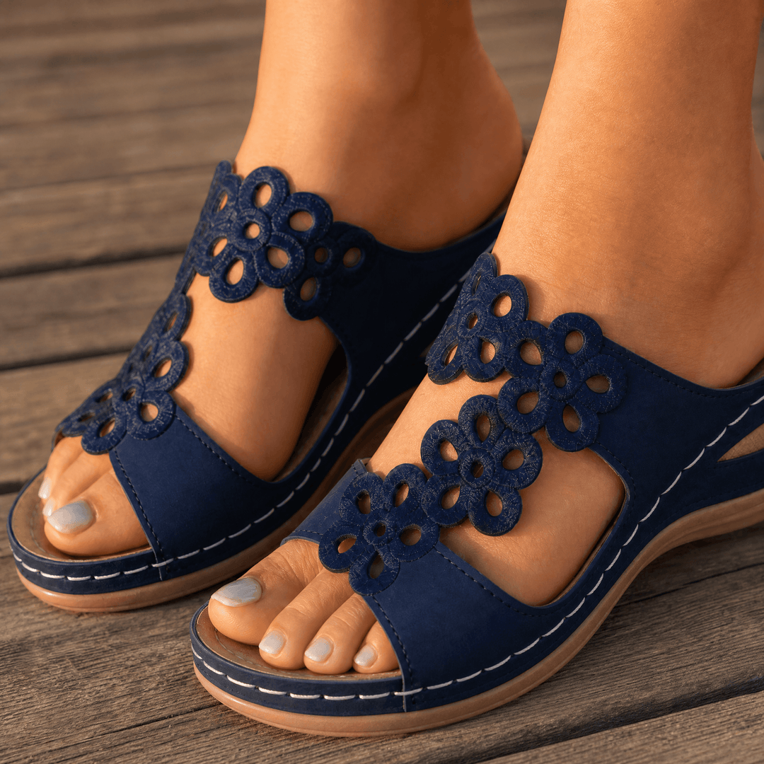 BreezeWalk – Cushioned Floral Wedge Sandals Navy / 5