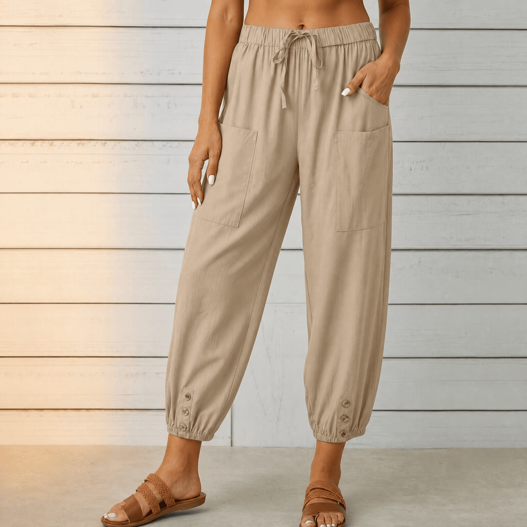 Breezlin – Lightweight Summer Capris with Button Hem Beige