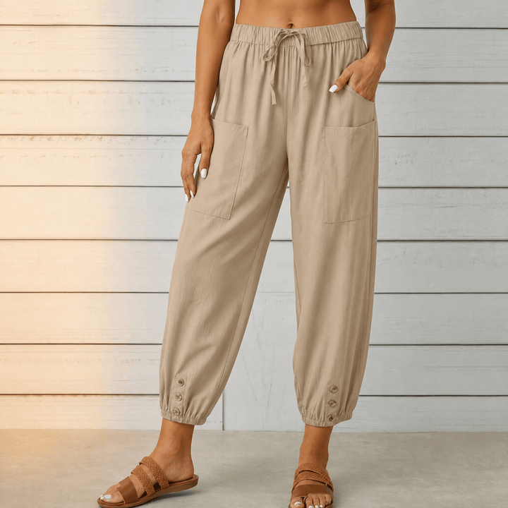 Breezlin – Lightweight Summer Capris with Button Hem Beige