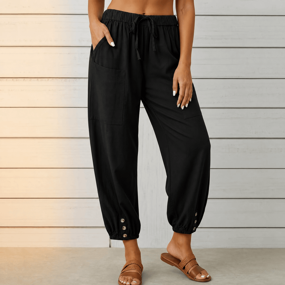 Breezlin – Lightweight Summer Capris with Button Hem Black