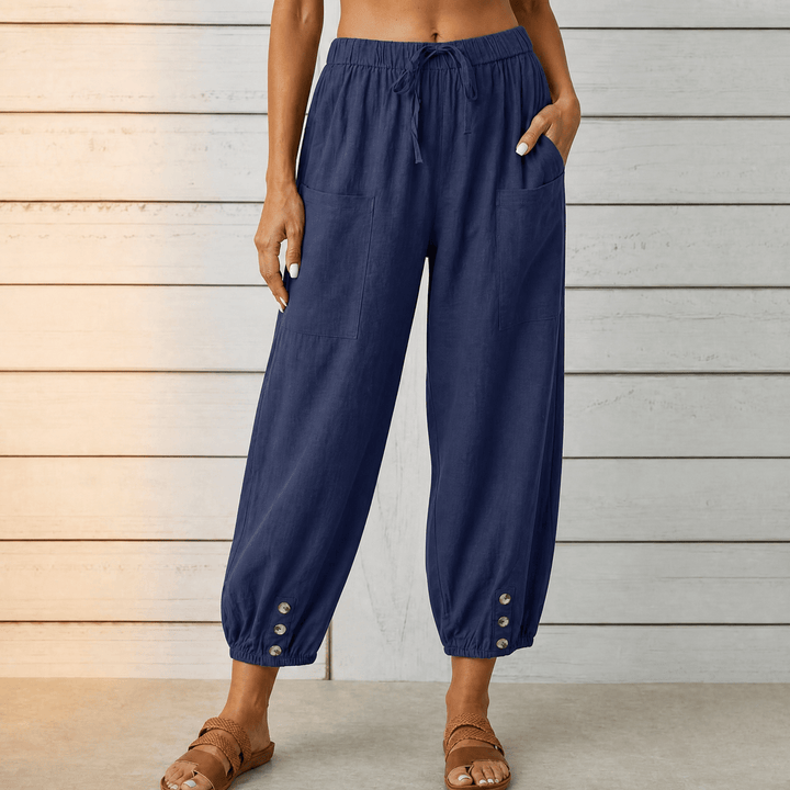 Breezlin – Lightweight Summer Capris with Button Hem Blue