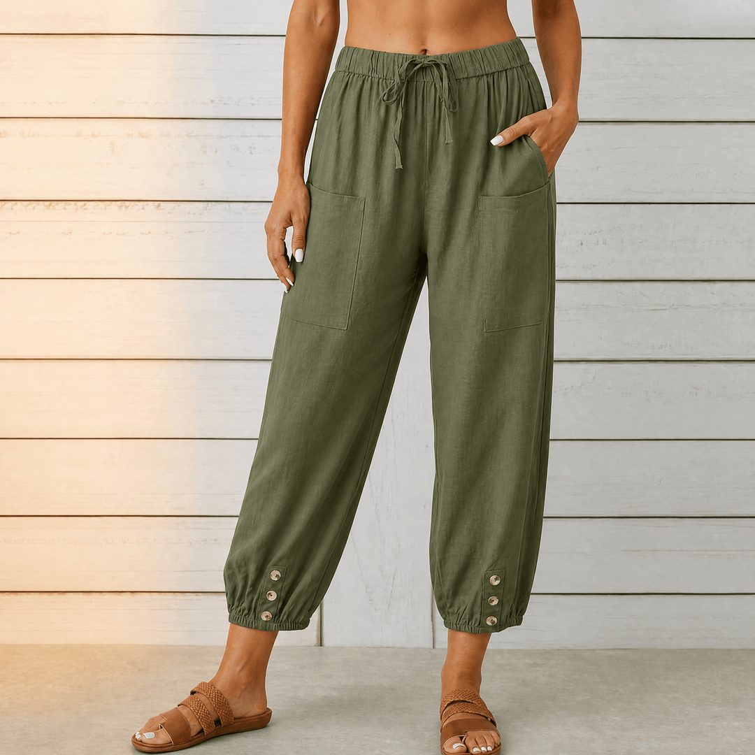 Breezlin – Lightweight Summer Capris with Button Hem Green