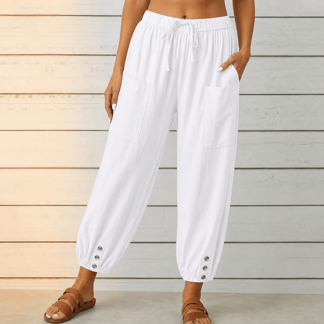 Breezlin – Lightweight Summer Capris with Button Hem White