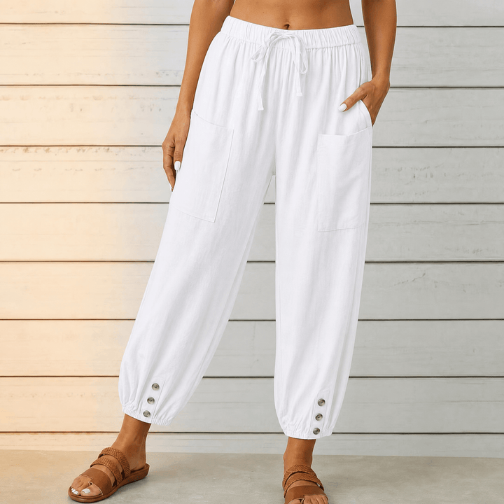 Breezlin – Lightweight Summer Capris with Button Hem White