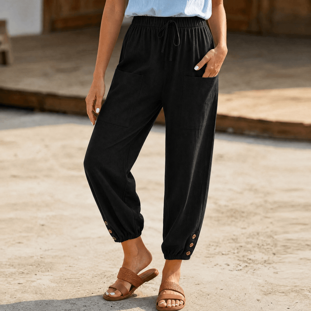 Brezia – Relaxed Fit Cotton Linen Capris for Women Black