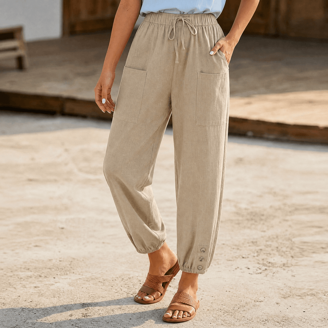 Brezia – Relaxed Fit Cotton Linen Capris for Women Khaki