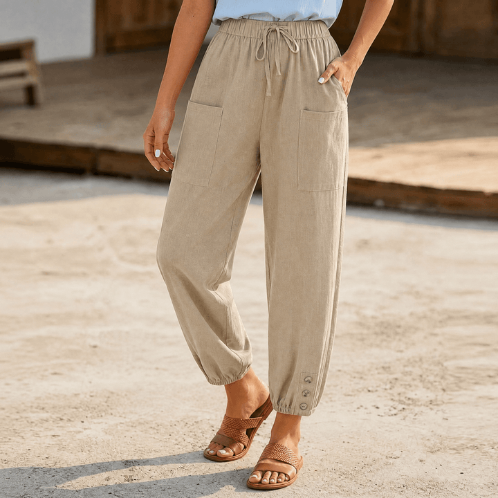 Brezia – Relaxed Fit Cotton Linen Capris for Women Khaki