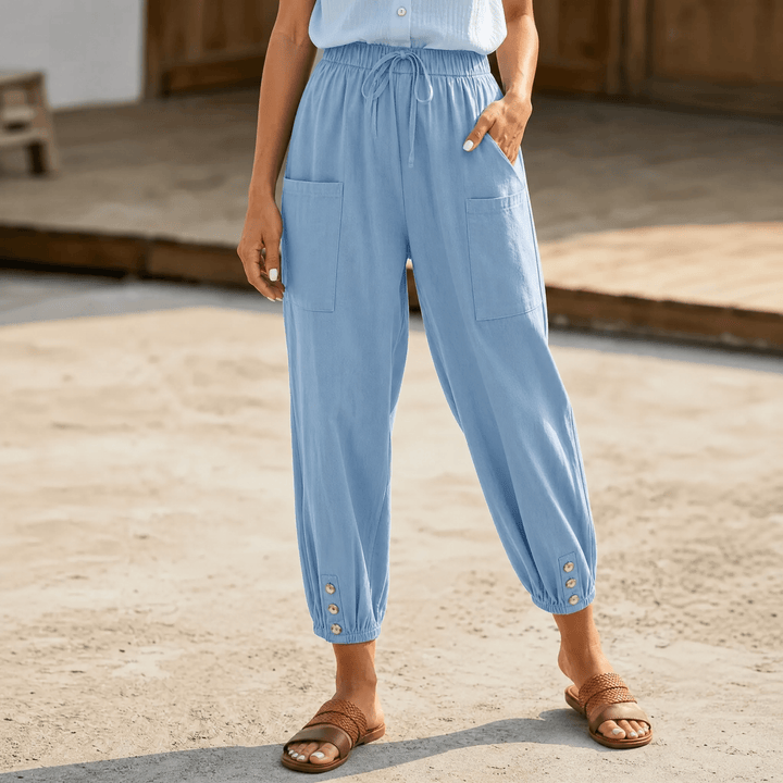 Brezia – Relaxed Fit Cotton Linen Capris for Women Light Blue