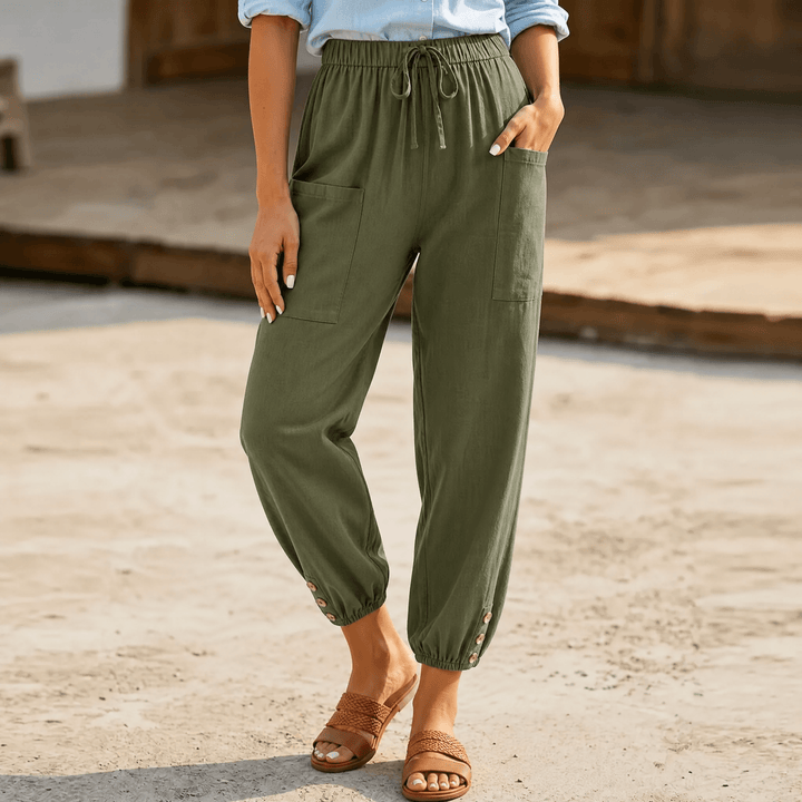 Brezia – Relaxed Fit Cotton Linen Capris for Women Olive Green