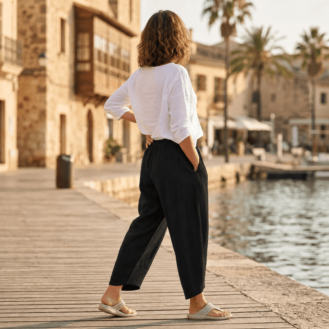 Brezia – Women's Asymmetric Linen Blend Cropped Pants Black