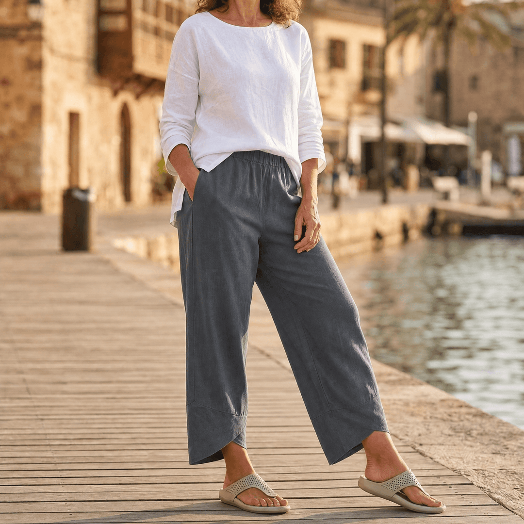 Brezia – Women's Asymmetric Linen Blend Cropped Pants Gray
