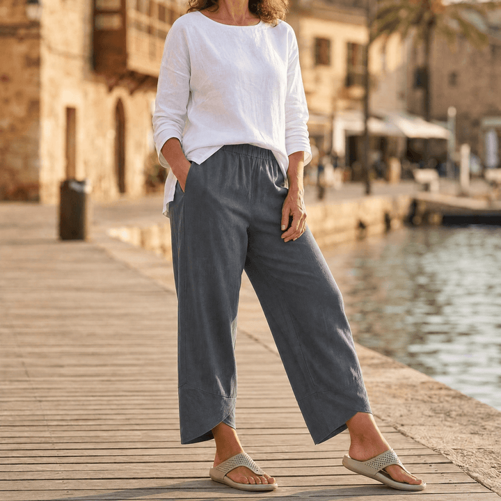 Brezia – Women's Asymmetric Linen Blend Cropped Pants Gray