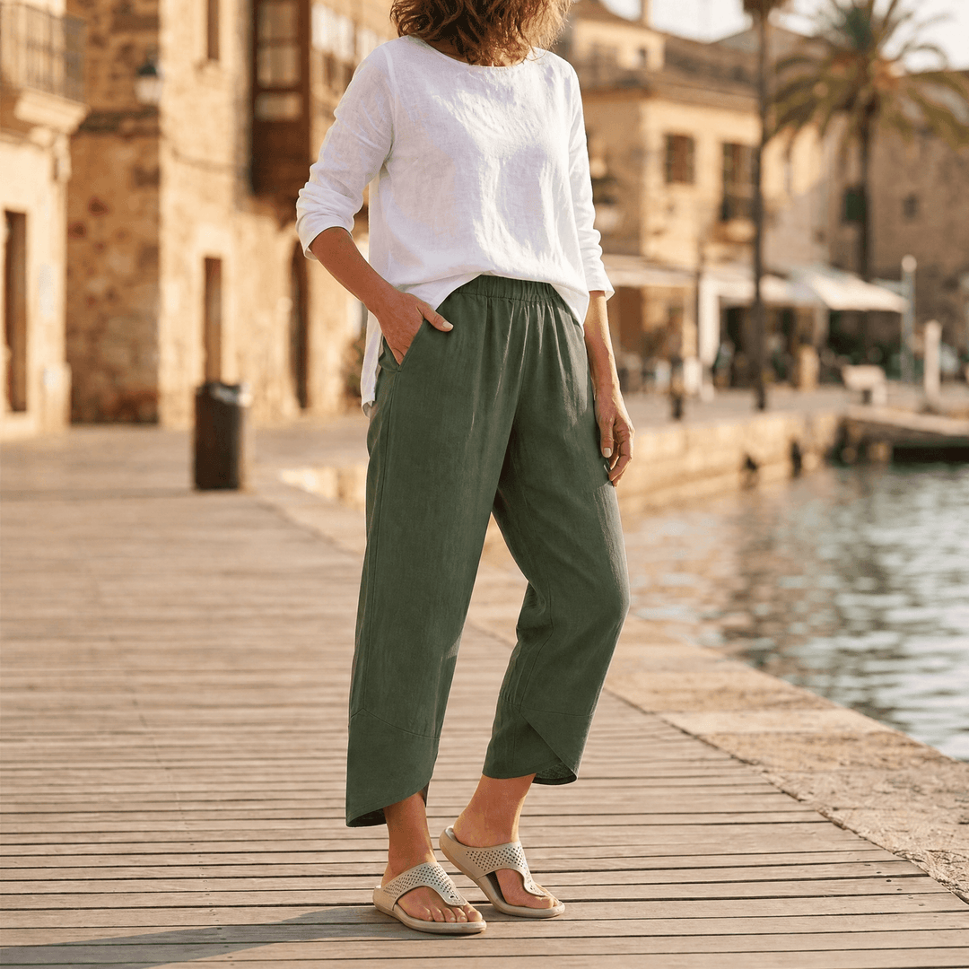 Brezia – Women's Asymmetric Linen Blend Cropped Pants Green
