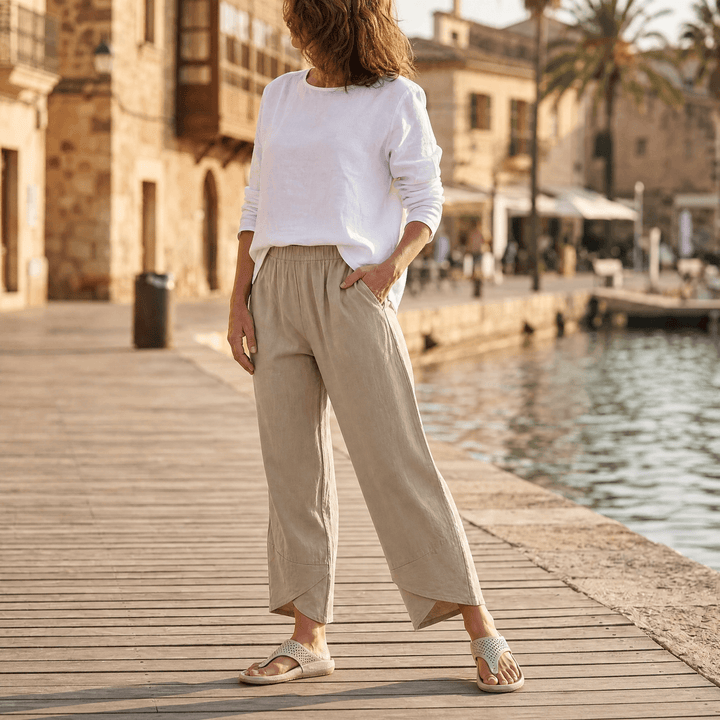 Brezia – Women's Asymmetric Linen Blend Cropped Pants Khaki