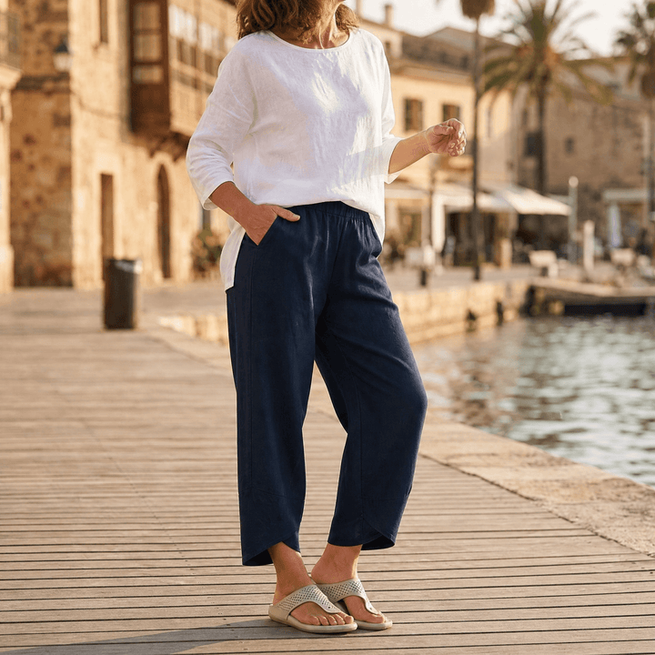 Brezia – Women's Asymmetric Linen Blend Cropped Pants Navy Blue