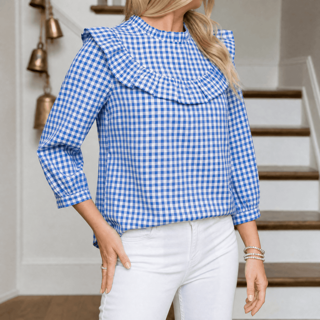 Brindle – Women's Puff Sleeve Gingham Top Blue Gingham / S