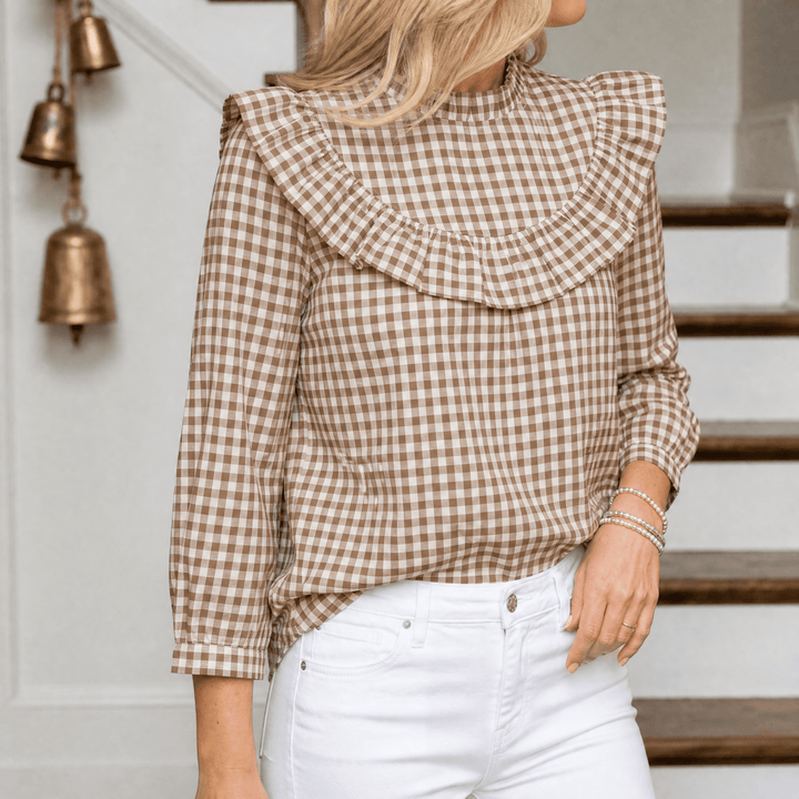 Brindle – Women's Puff Sleeve Gingham Top Khaki Gingham / S