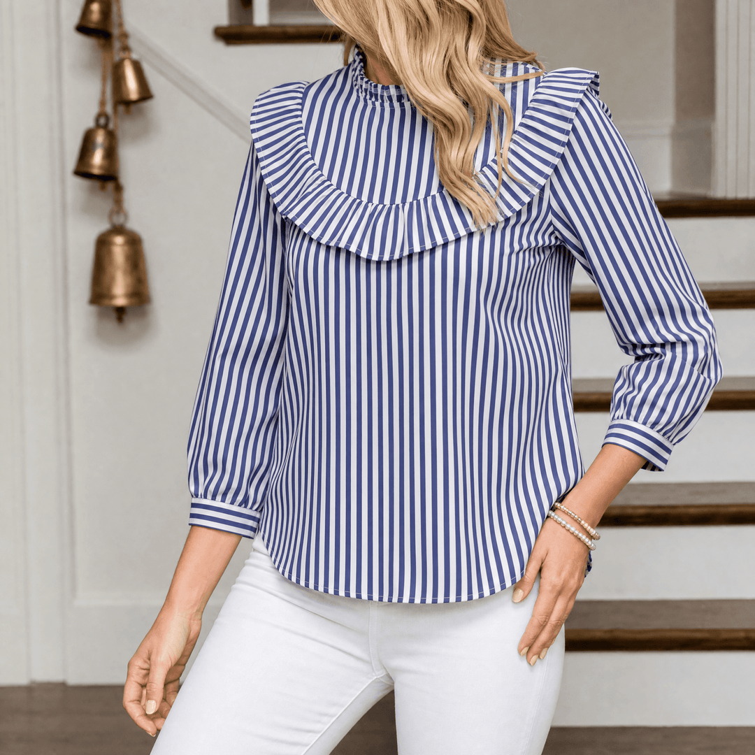 Brindle – Women's Puff Sleeve Gingham Top Navy Stripe / S
