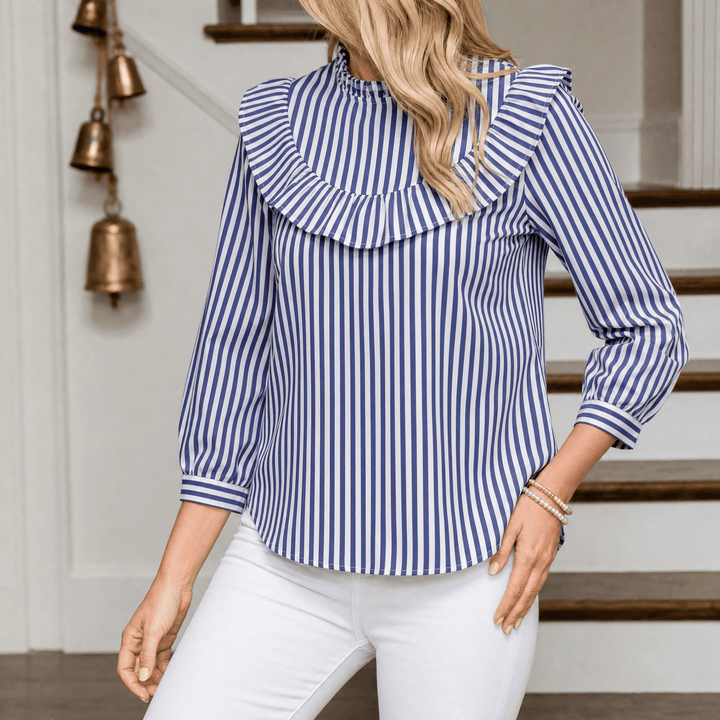 Brindle – Women's Puff Sleeve Gingham Top Navy Stripe / S