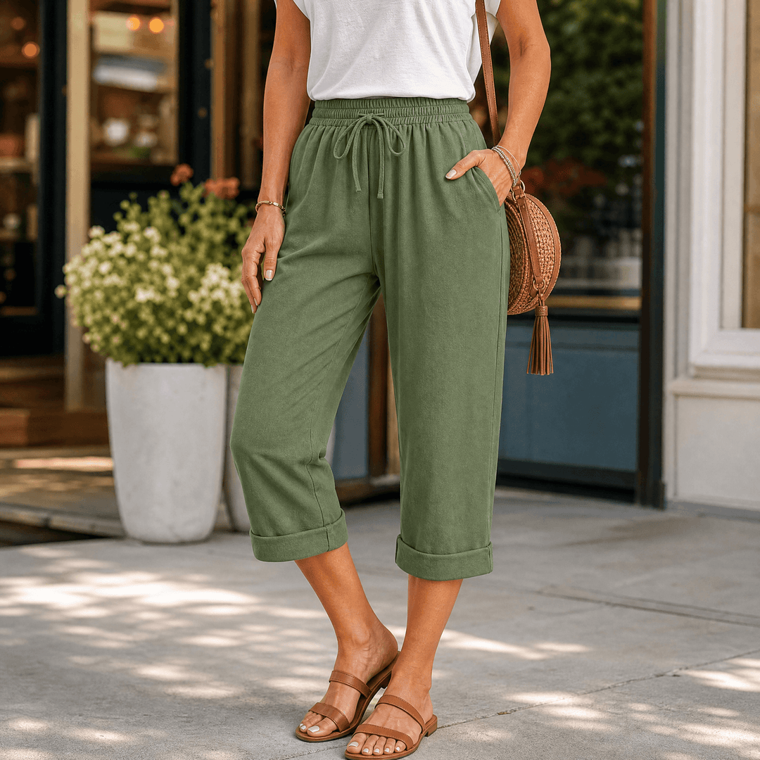 Brisella - Women's Breathable Cotton-Linen Capri Pants Army Green