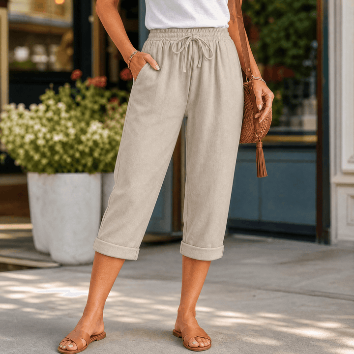 Brisella - Women's Breathable Cotton-Linen Capri Pants Khaki