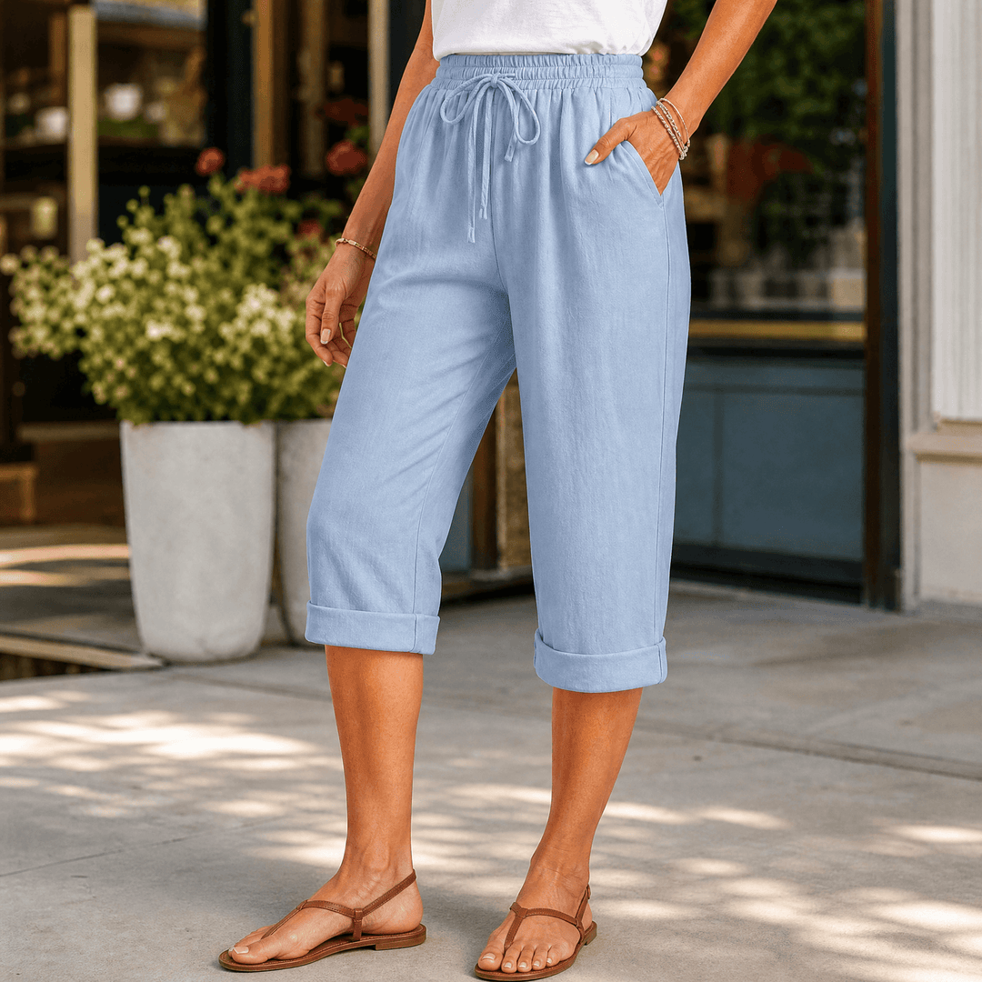 Brisella - Women's Breathable Cotton-Linen Capri Pants Sky Blue