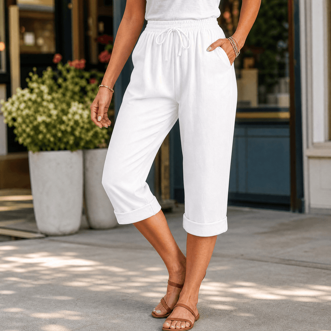 Brisella - Women's Breathable Cotton-Linen Capri Pants White