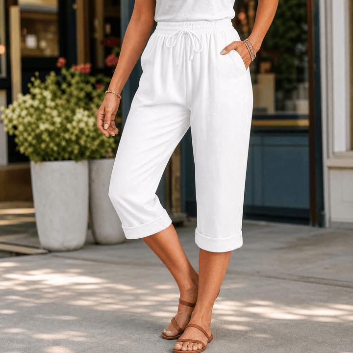 Brisella - Women's Breathable Cotton-Linen Capri Pants White