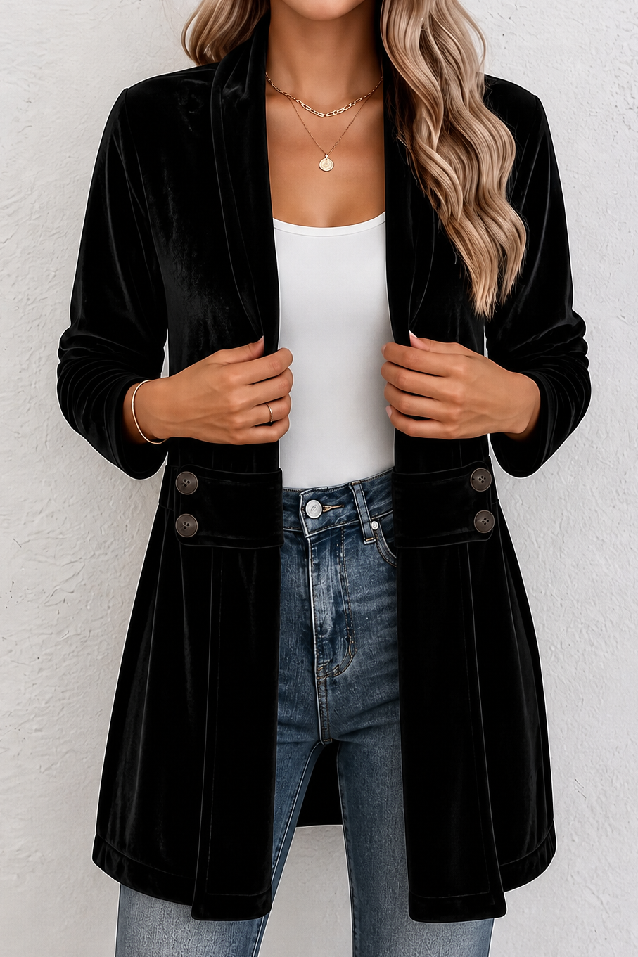 Velbourne – Double-Breasted Velvet-Look Cardigan