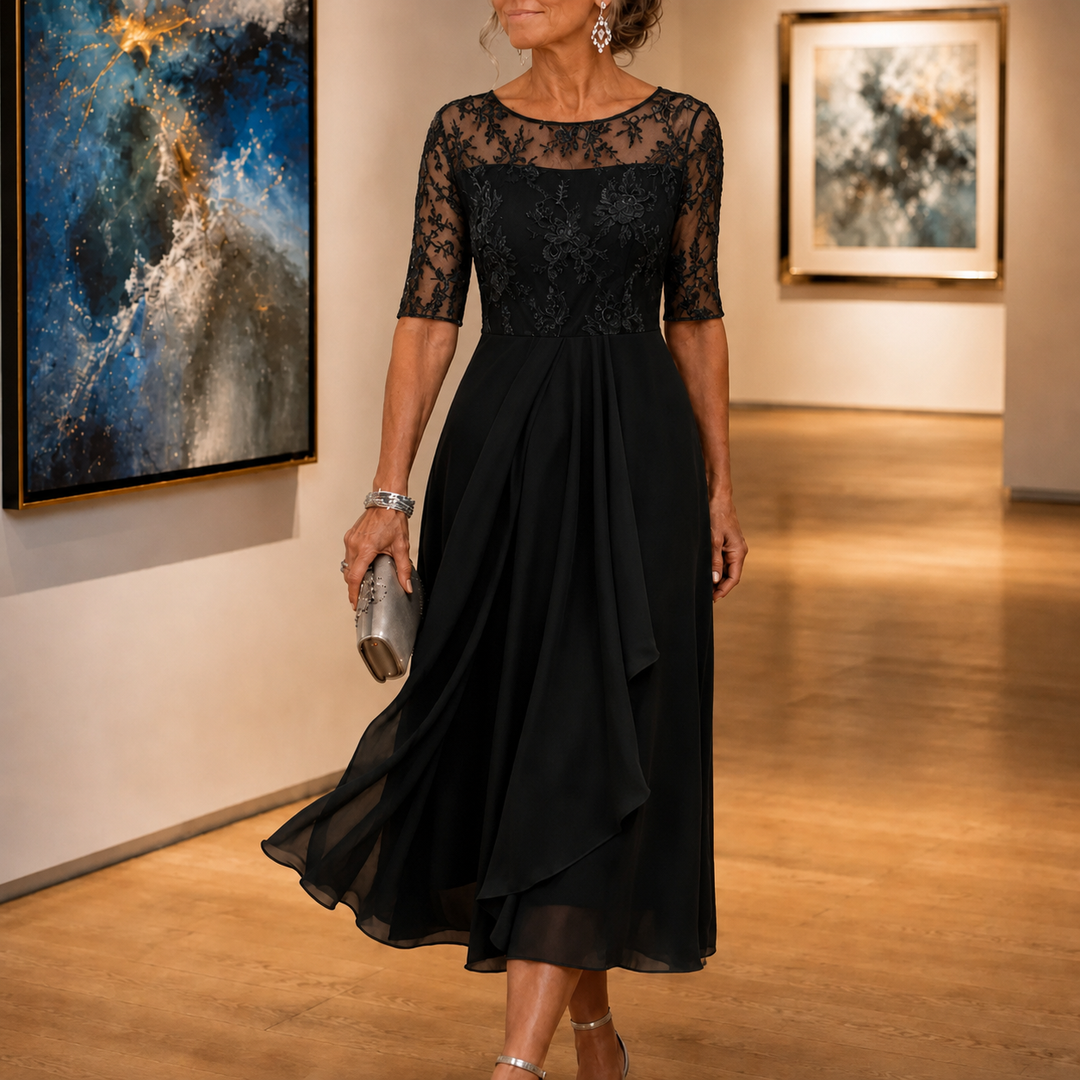 Elarose – Embroidered Lace Bodice Midi Dress for Weddings