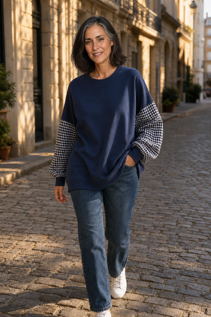 Blockline – Patchwork Plaid Loose Crew Neck Top