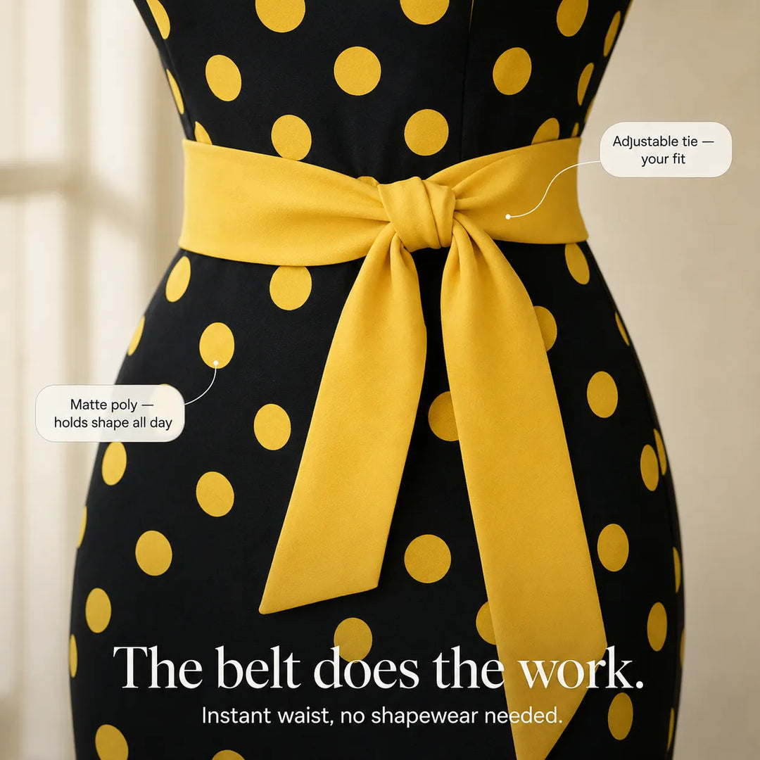 Belora – Retro Polka Dot Midi Dress with Belted Waist