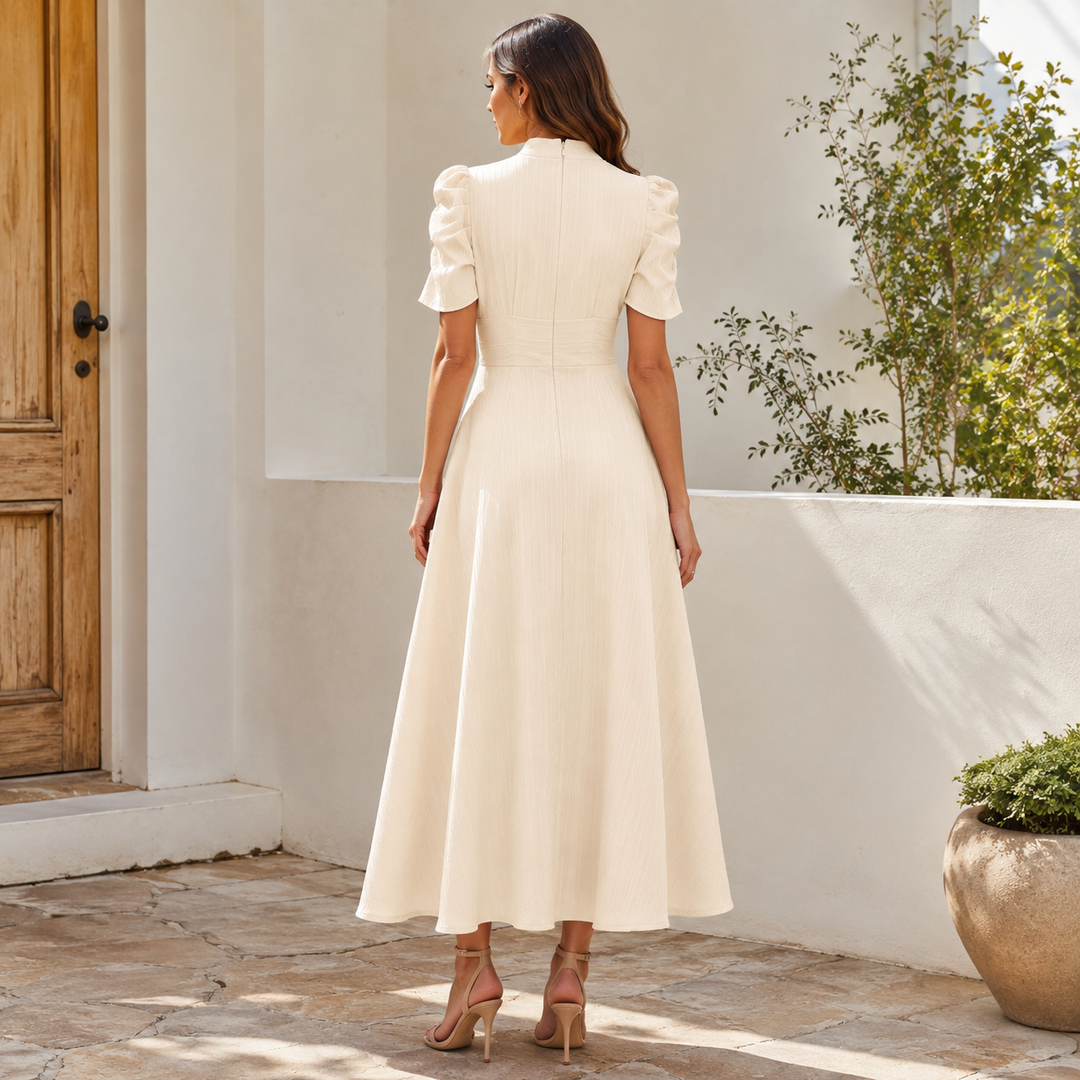 Wearbella – Ruched Waist Puff Sleeve V-Neck Midi Dress